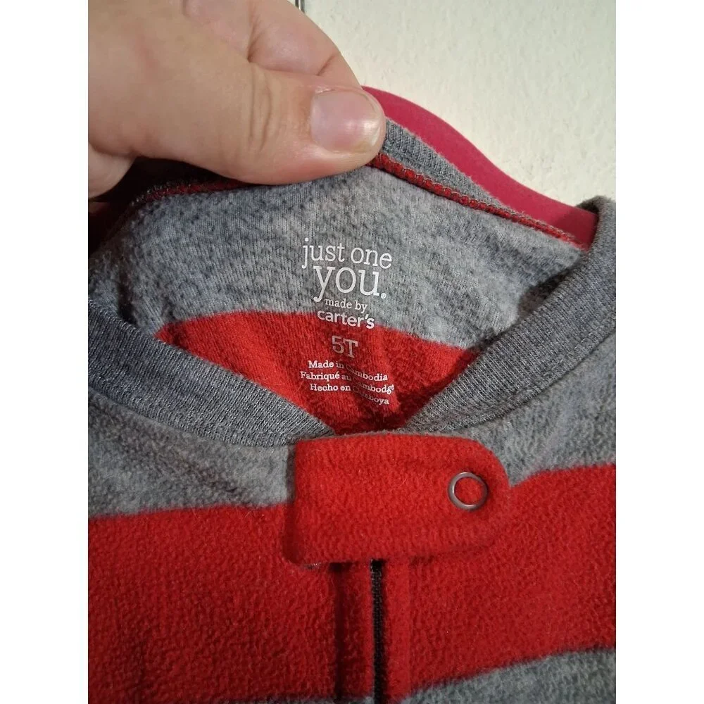 Carters Fleece Pajamas Footie Christmas Santa Striped Sleepwear Unisex Red Sz 5T